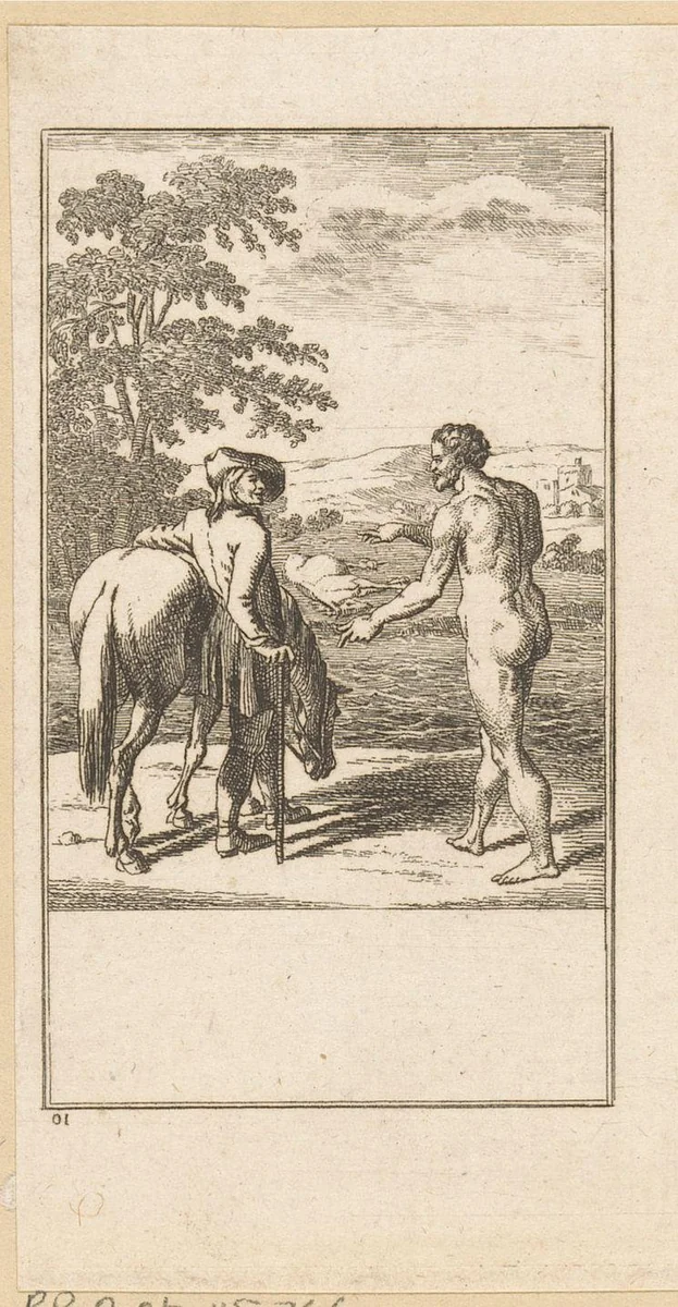 Orlando wijst naar zijn dode paard in de verte by Louis Wilhelm Chodowiecki, print, 1771-1772