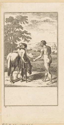 Orlando wijst naar zijn dode paard in de verte by Louis Wilhelm Chodowiecki, print, 1771-1772