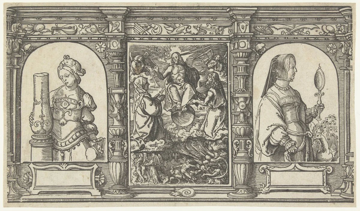 Het Laatste Oordeel en personificaties van Kracht (Fortitudo) en IJdelheid (Vanitas) by Unknown, print, 1520-1521