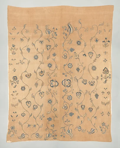 Bedcover with appliqued crewel embroidery motifs by Cabot family, artwork, 1760