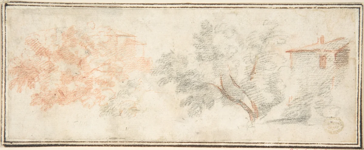 Trees and Houses by anonymous, drawing, 1600-1700