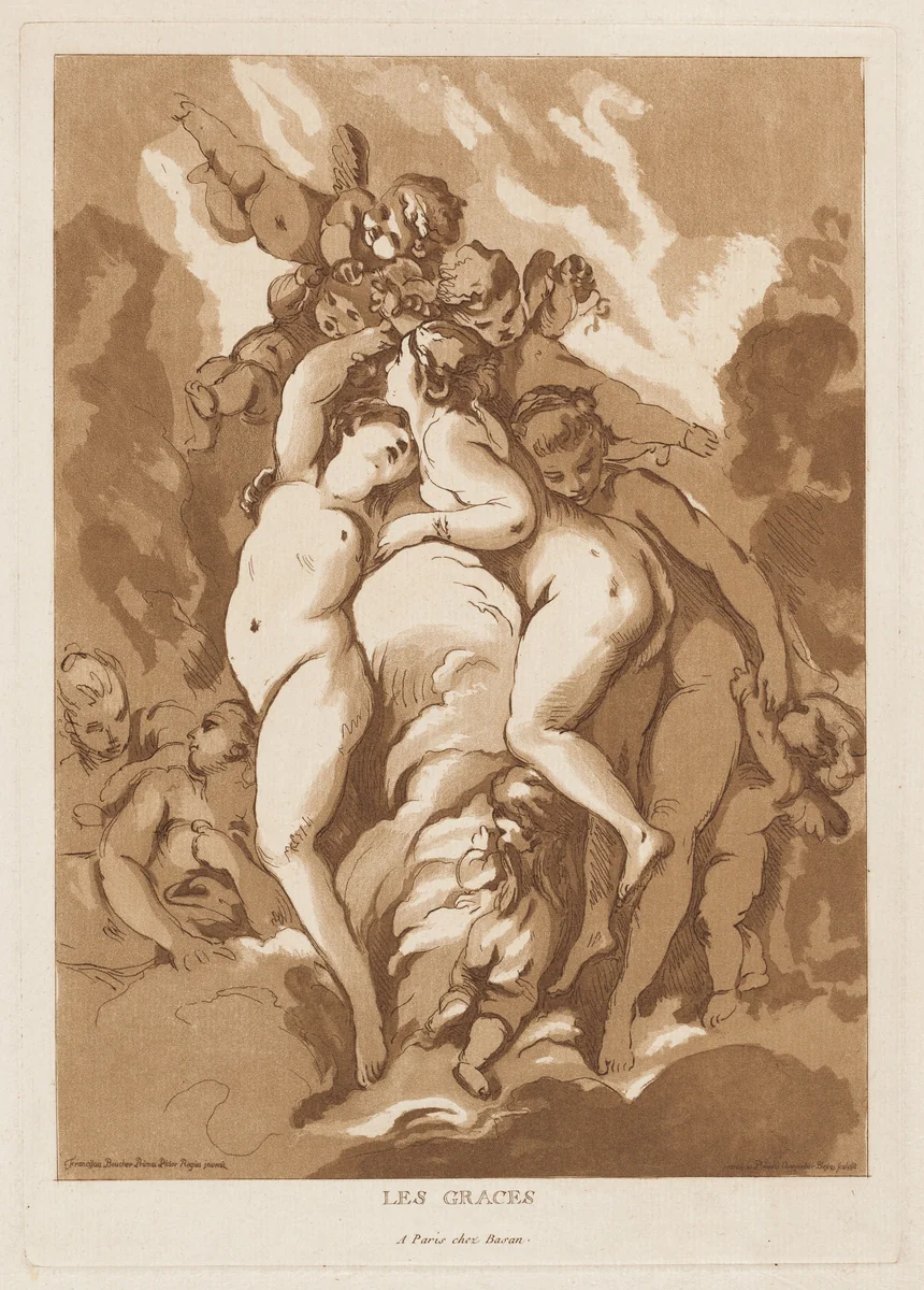 Les Graces (The Graces) by François-Philippe Charpentier; François Boucher; Pierre-François Basan, print, 1766