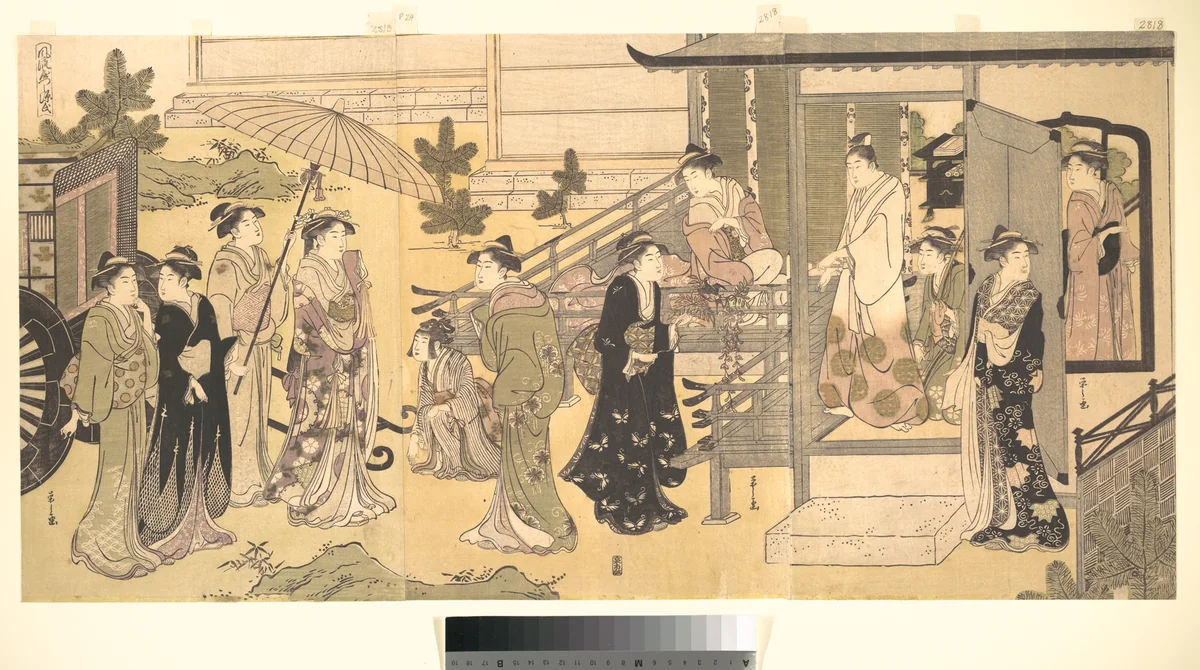 A Disguised Scene from The Tale of Genji (Fūryū Yatsushi Genji), Chapter 33, “Wisteria Leaves (Fuji no uraba)” by Chōbunsai Eishi (鳥文斎栄之), print, 1784-1804