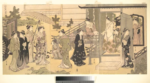 A Disguised Scene from The Tale of Genji (Fūryū Yatsushi Genji), Chapter 33, “Wisteria Leaves (Fuji no uraba)” by Chōbunsai Eishi (鳥文斎栄之), print, 1784-1804