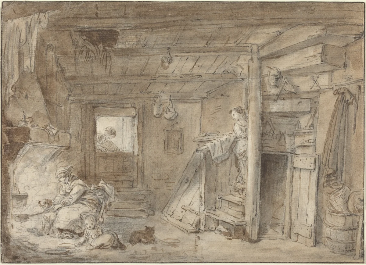 Interior of a Farmhouse with Figures by Hubert Robert, drawing, 1750-1799