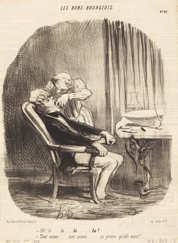 Oh! la... tant mieux... ça prouve qu'elle vient! by Honoré Daumier, print, 1847