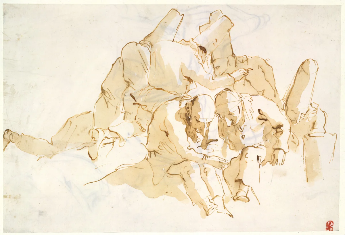 A Group of Punchinelli Seated by Giovanni Battista Tiepolo, drawing, 1757-1763