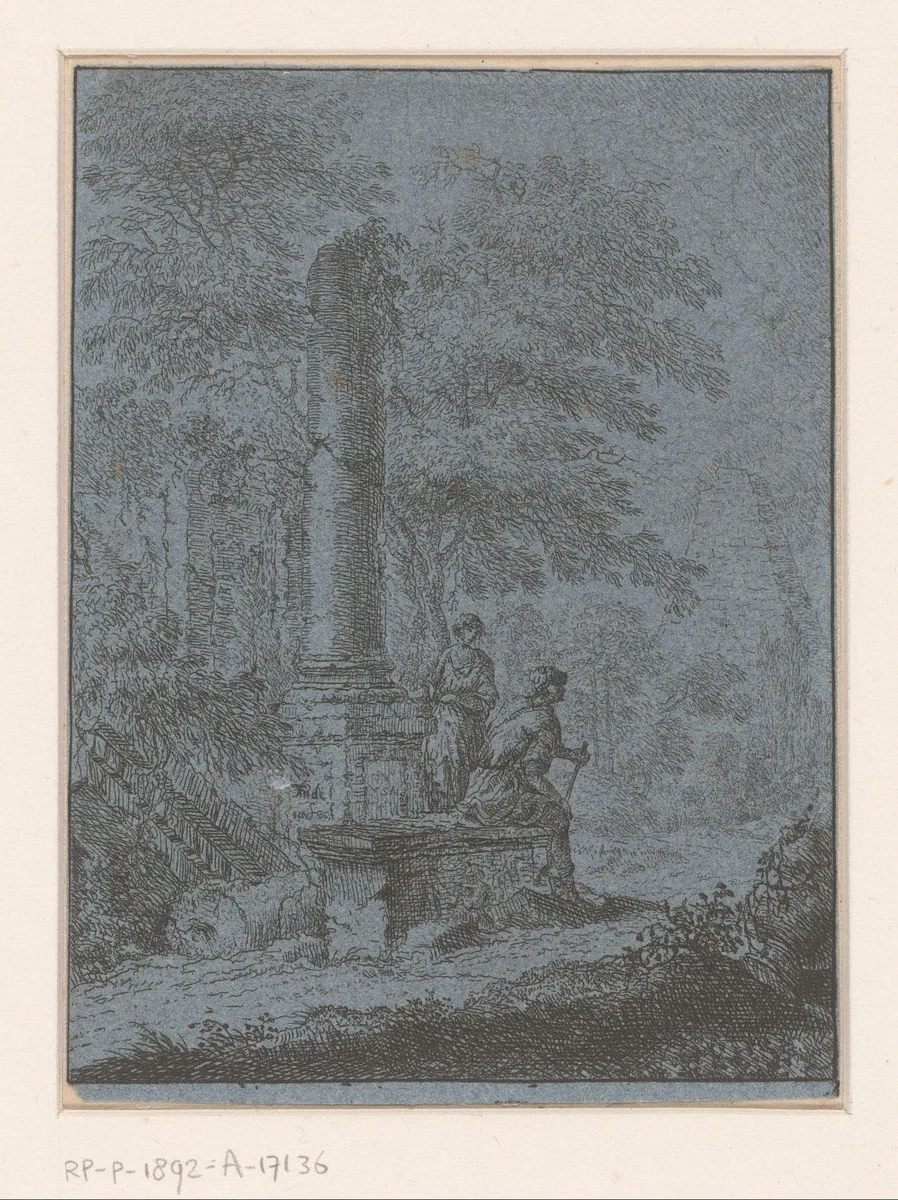 Landschap met ruïnes en twee figuren by Johann Friedrich Alexander Thiele, print, 1757-1803