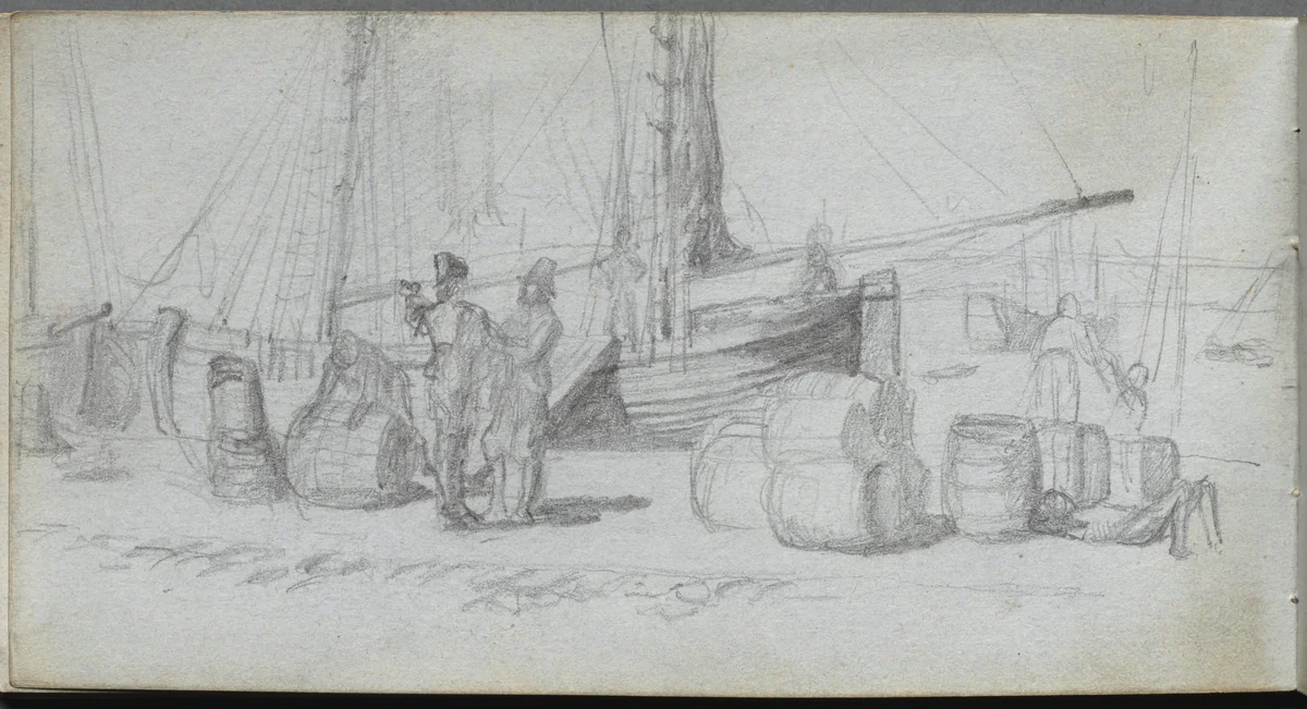 Sketchbook, page 50: Boats, Figures, Cargo on a Beach by Ernest Meissonier, book, 1860-1869