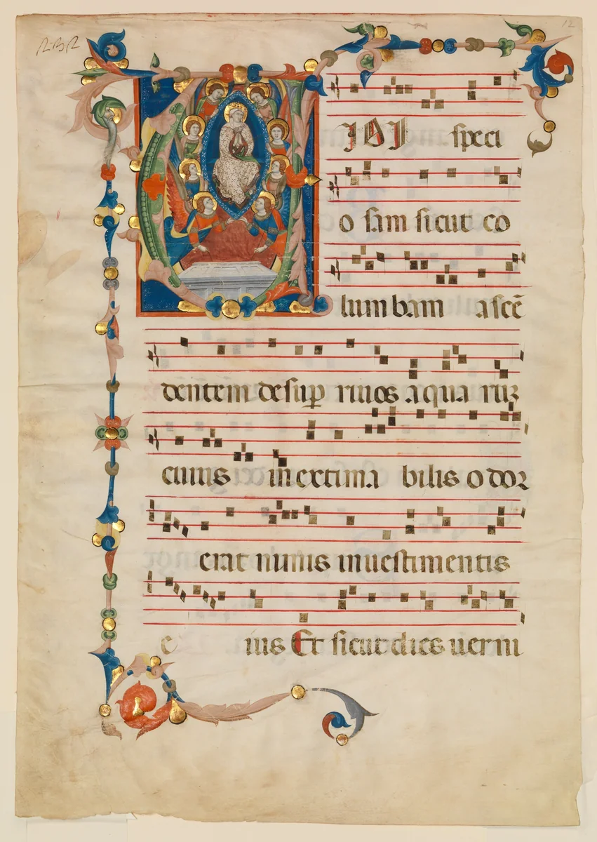 Manuscript Leaf with the Assumption of the Virgin in an Initial V, from an Antiphonary by Niccolò di ser Sozzo, manuscript, 1340
