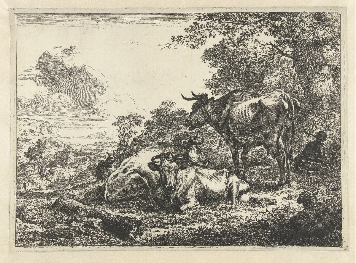 Drie rustende koeien by Nicolaes Pietersz Berchem, print, 1646-1652