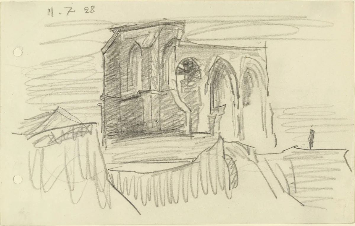 Ruin on the Cliff by Lyonel Feininger, drawing, 1928