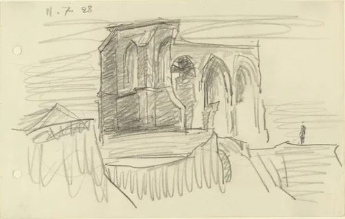 Ruin on the Cliff by Lyonel Feininger, drawing, 1928