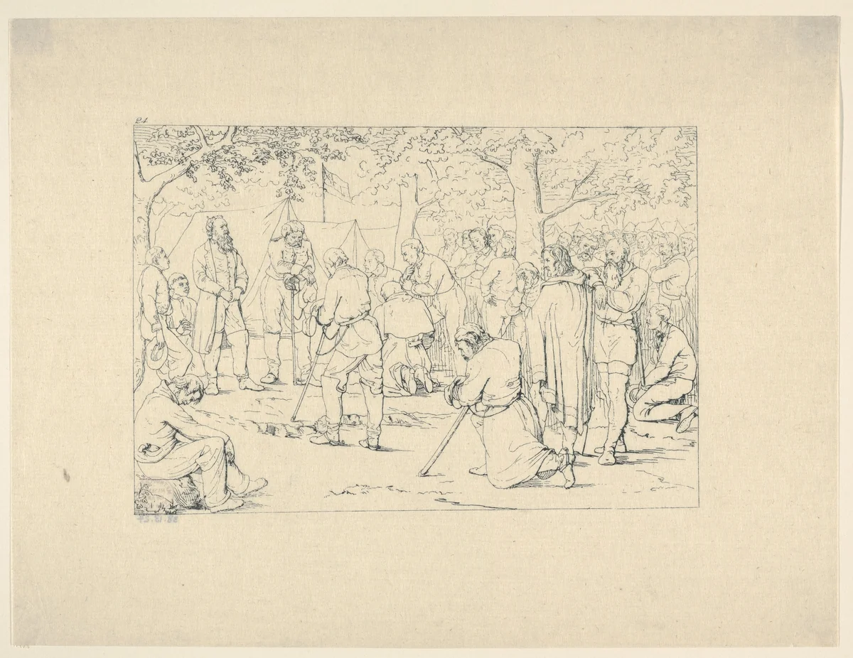 Prayer in Stonewall Jackson's Camp (from Confederate War Etchings) by Adalbert John Volck, print, 1861-1863