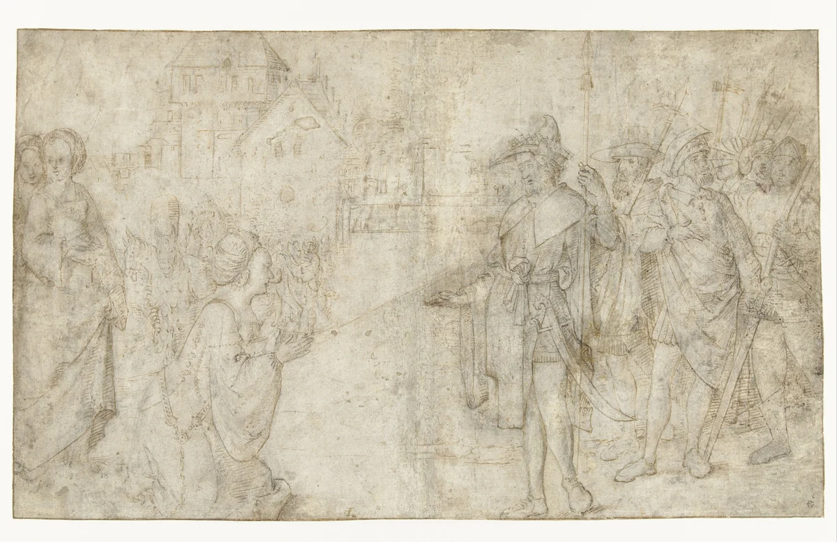 Ontmoeting van David en Abigaïl by anonymous, drawing, 1515-1525