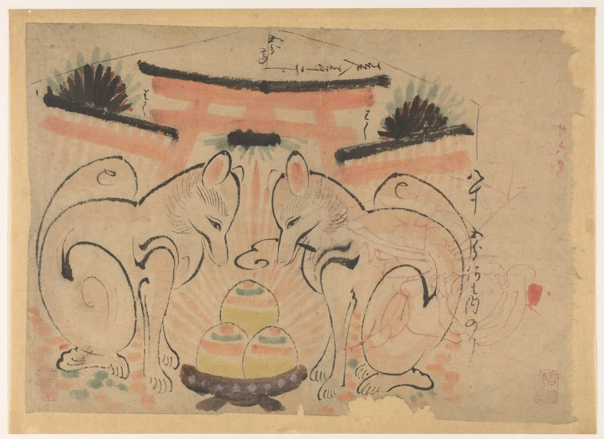 Twee vossen voor de torri van de Inari Jinja by anonymous, drawing, 1800-1900