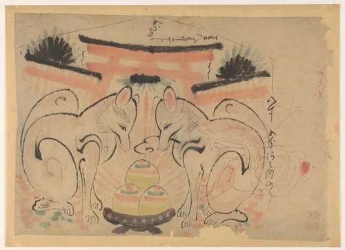 Twee vossen voor de torri van de Inari Jinja by anonymous, drawing, 1800-1900