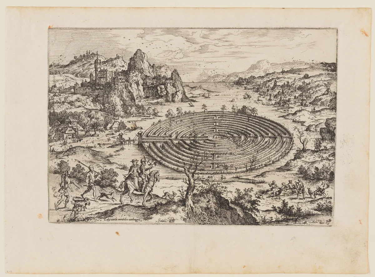 The Cretan Labyrinth, from Landscapes with Biblical and Mythological Scenes by Hieronymus Cock, print, 1558