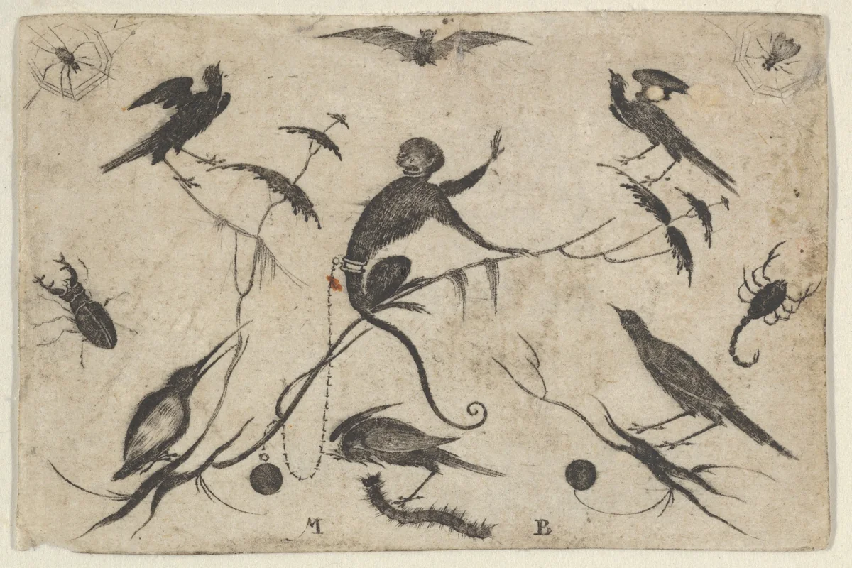 Blackwork Design for Goldsmithwork with Monkey, Birds, and Insects by Mathais Beitler, print, 1582-1616