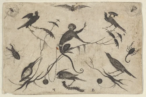 Blackwork Design for Goldsmithwork with Monkey, Birds, and Insects by Mathais Beitler, print, 1582-1616
