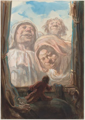 Gulliver Awed by Three Giant Beggars in the Land of Brobdingnag by Paul Gavarni, drawing, 1862