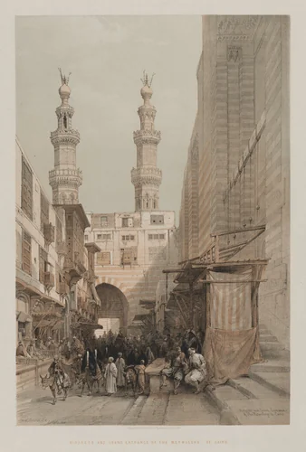 Egypt and Nubia, Volume III: Minarets, and Grand Entrance of the Metwaleys, at Cairo by Louis Haghe, print, 1848