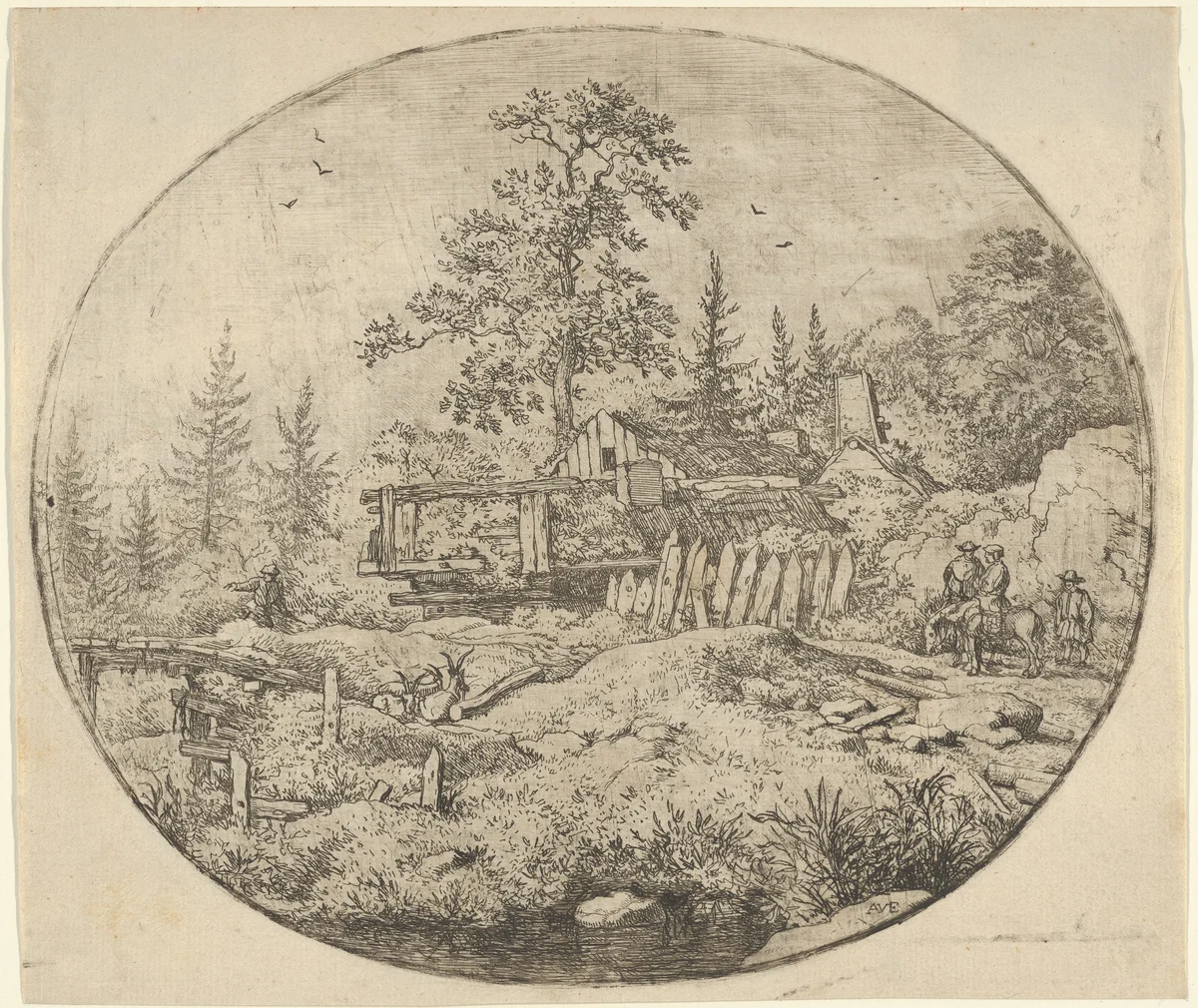The Landscape with the Wooden Bridge by Allart van Everdingen, print, 1621-1675