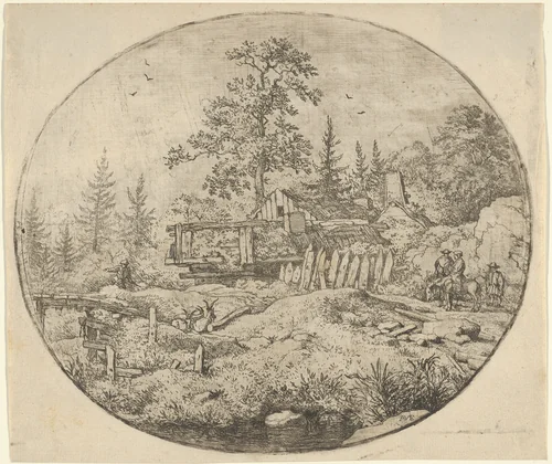 The Landscape with the Wooden Bridge by Allart van Everdingen, print, 1621-1675