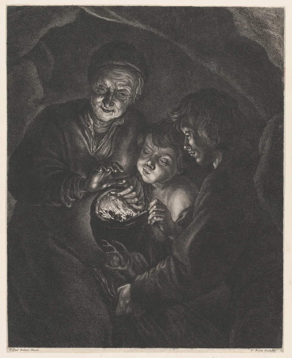 Old Woman with a Brazier, after Rubens by Pierre François Basan, print, 1743-1797
