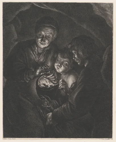 Old Woman with a Brazier, after Rubens by Pierre François Basan, print, 1743-1797