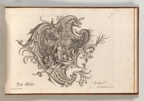 Design for a Cartouche and Representation of 'Hearing', Plate 3 from 'Neu Inventierte auf die artigste Facon Sehr nutzliche Schild.' by Johann Georg Pintz, book, 1745-1755