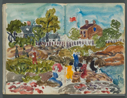 Sketchbook, The Dells, N° 127, page 156 & 157: Coastal Landscape with Figures by Maurice Prendergast, book, 1919-1921