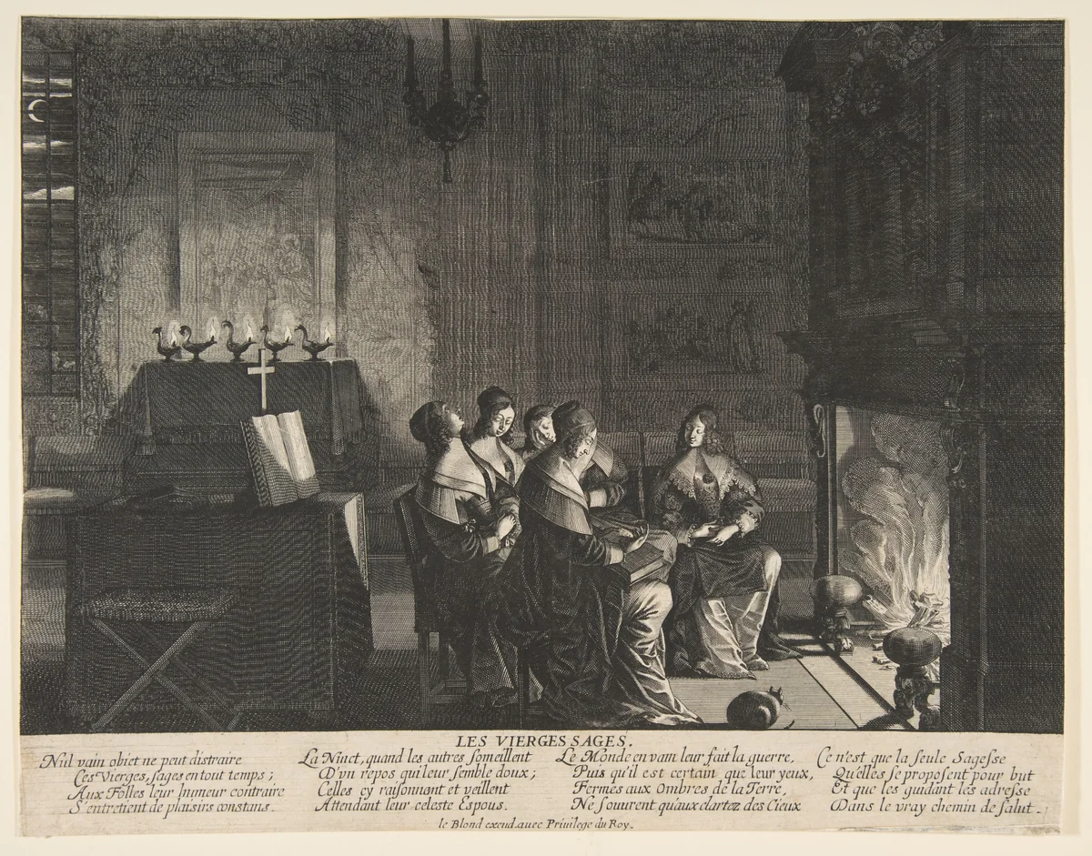 The Wise Virgins Resting Whilst Awaiting the Arrival of The Husband by Abraham Bosse, print, 1630-1640