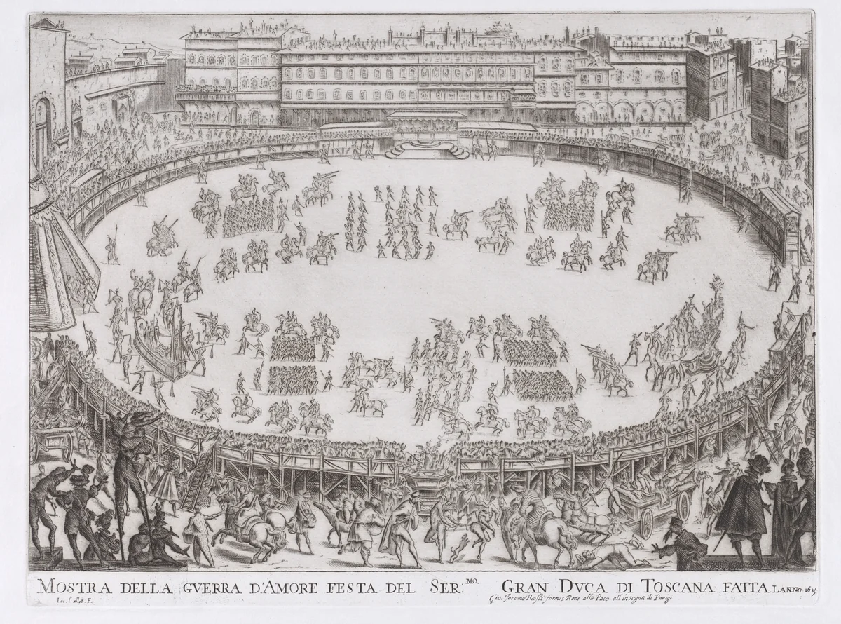 Reprint of Le Défilé Entrée des Chars de l'Afrique et de l'Aise (The Entrance Parade of the Chariots of Africa and Asia), from La Guerre d'Amour (Guerra d'Amore) (War of Love) by Jacques Callot, print, 1740-1900