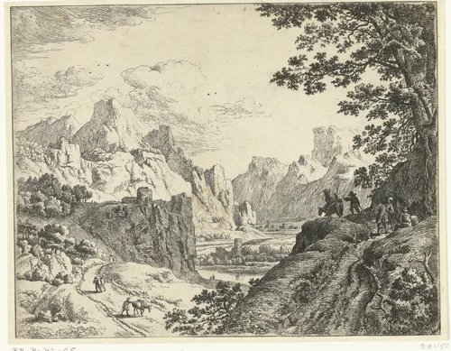 Rivierlandschap met reizigers by Jan van Aken, print, 1624-1661
