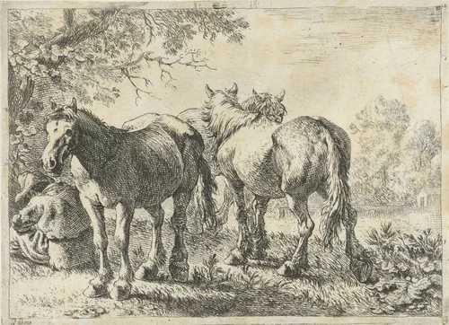 Drie paarden en een boer by Pieter Bodding van Laer, print, 1636