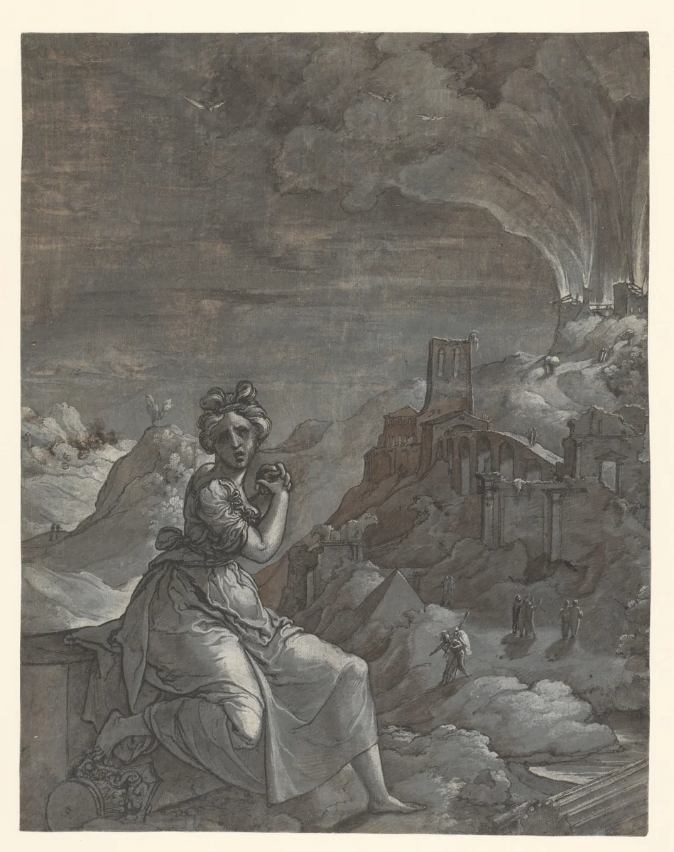 Cassandra treurt over de verwoesting van Troje by Jan Swart, drawing, 1550-1555