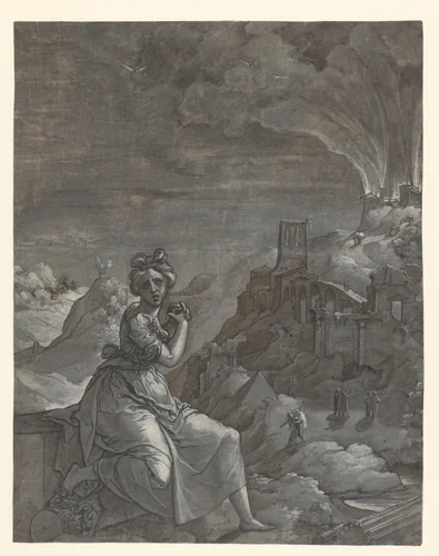 Cassandra treurt over de verwoesting van Troje by Jan Swart, drawing, 1550-1555