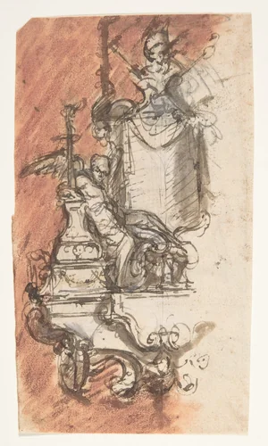 Design for a sepulchral monument with a portrait bust (recto); Design for a reliquary (?) (verso) by Pieter Verbruggen, drawing, 1686-1724