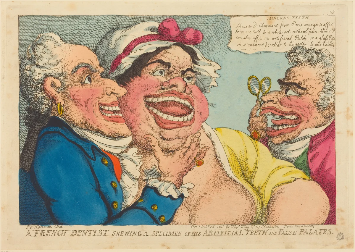 A French Dentist Shewing a Specimen of his Artificial Teeth and False Palates by Thomas Rowlandson, print, 1811