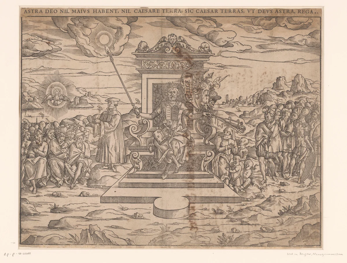 Vorst zittend op een troon by Unknown, print, 1500-1599