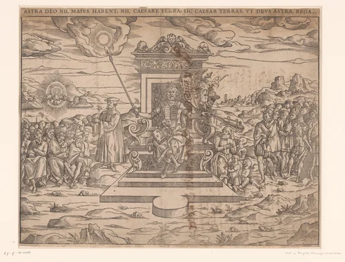 Vorst zittend op een troon by Unknown, print, 1500-1599