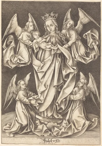 The Madonna and Child on the Crescent Supported by Four Angels by Israhel van Meckenem, print, 1490-1500