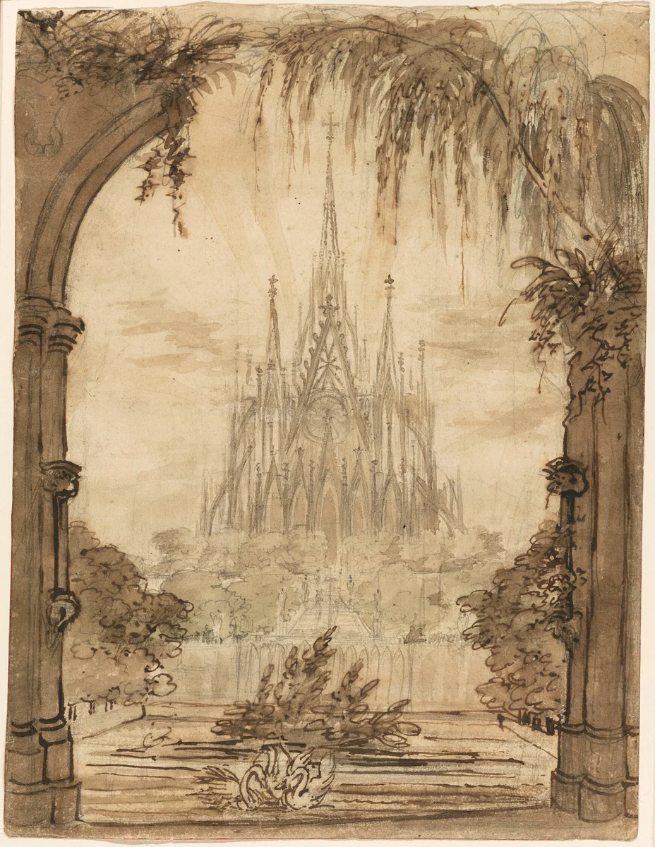 Gothic Cathedral Behind a Pond with Swans by Karl Friedrich Schinkel, drawing, 1810-1815