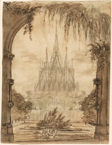 Gothic Cathedral Behind a Pond with Swans by Karl Friedrich Schinkel, drawing, 1810-1815