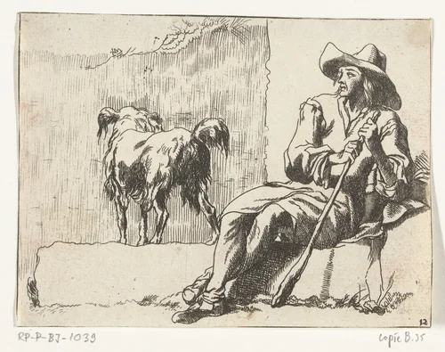 Zittende herder met zijn hond by anonymous, print, 1648-1733