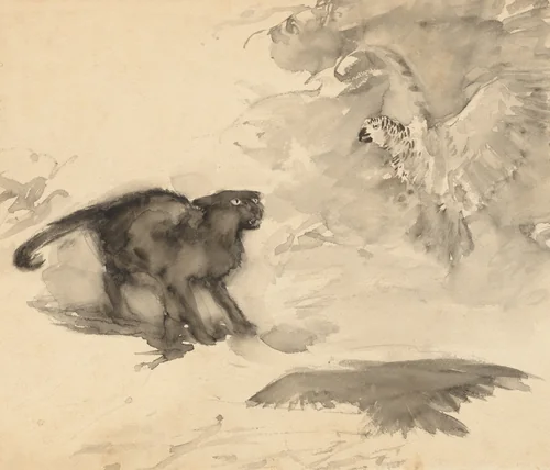 The Parrot and the Cat (Sketch for "Good-Night" by Eleanor Gates) by Arthur Rackham, drawing, 1900-1905