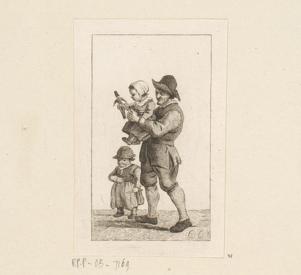 Vader met twee kinderen by Pieter de Mare, print, 1779