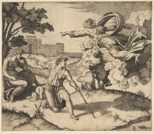 God appearing to Isaac; God floating in clouds pointing toward Rebecca seated under a tree at left, Isaac kneeling in the center holding a large stick and also pointing to Rebecca by Marco Dente, print, 1510-1532