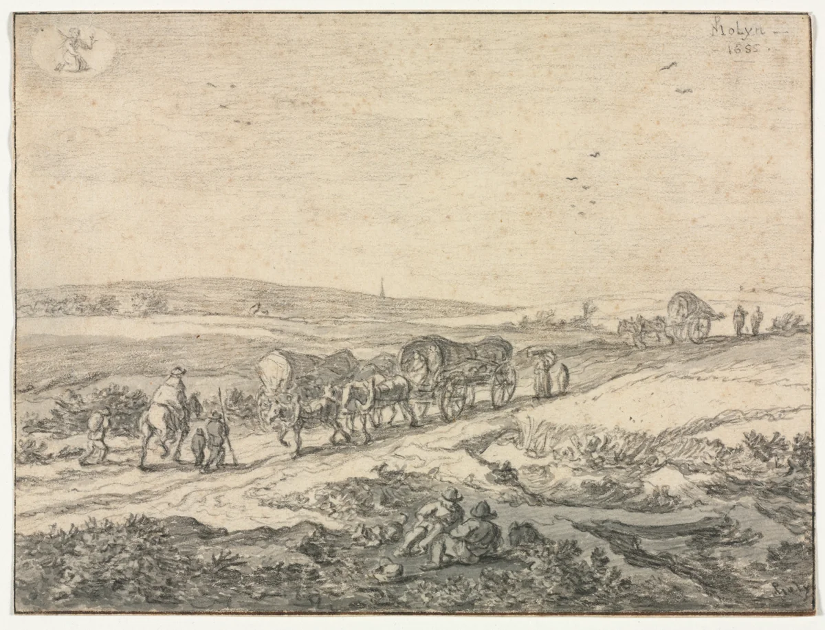 August: Landscape with Wagons by Pieter Molyn, drawing, 1655
